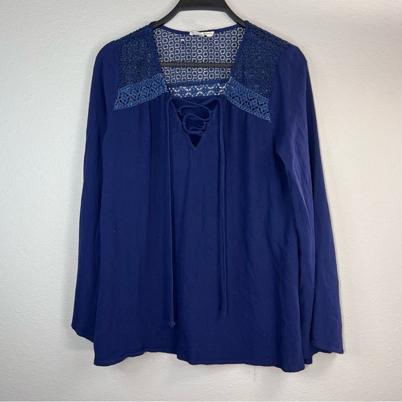 Love Navy Blue Square Neck Long Sleeve Blouse - Picture 1 of 6